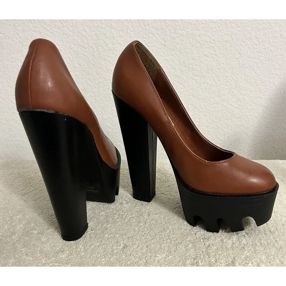 HRH Women's Platform Block High Heels Chunky Shoes Brown and Black Size 6 1/2